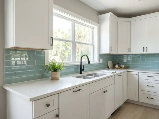 Kitchen with white cabinets, quartz counters and a blue-green glass subway tile backsplash