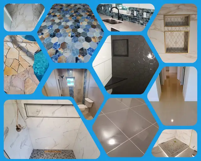 Collage of tile work: large porcelain floors, hexagon mosaics, marble-look showers and gold-trimmed niches